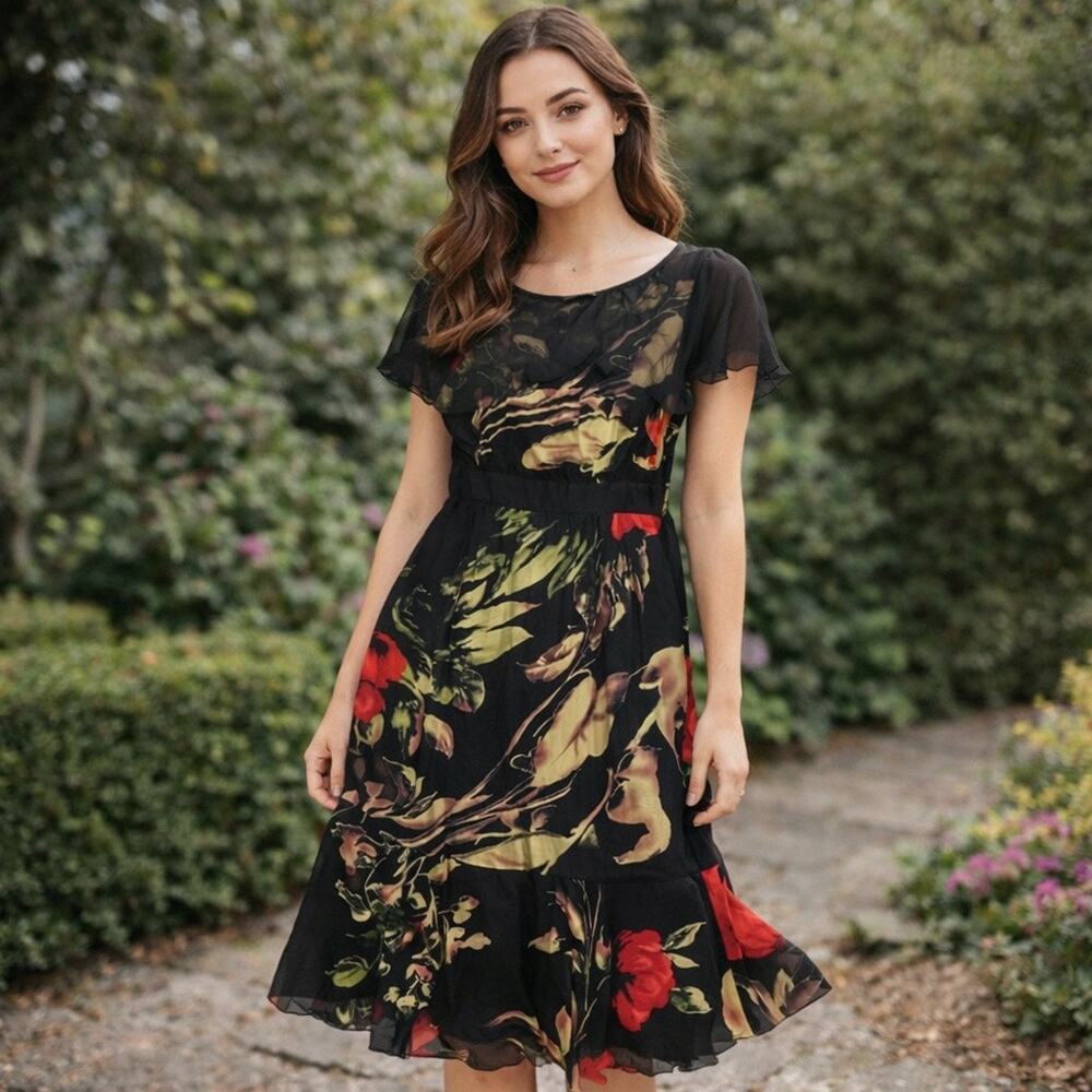 Traffic People Women’s 100% Silk Dark Romantic Cape Midi Dress Size M Fairy